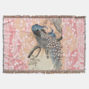 PEACOCKS,ROSA WHITE SAKURA FLOWERS Japansk Blommig Filt