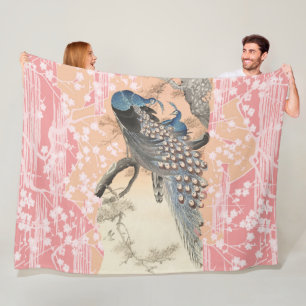 PEACOCKS,ROSA WHITE SAKURA FLOWERS Japansk Blommig Fleecefilt