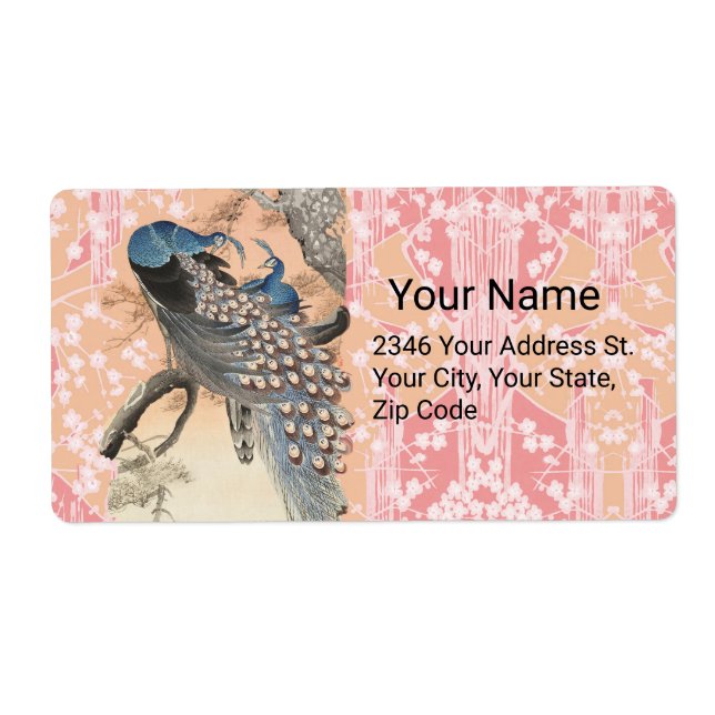 PEACOCKS,ROSA WHITE SAKURA FLOWERS Japansk Blommig Fraktsedel (Framsidan)