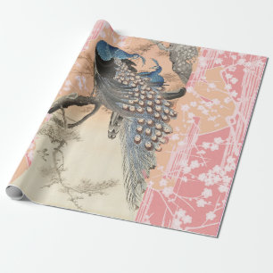 PEACOCKS,ROSA WHITE SAKURA FLOWERS Japansk Blommig Presentpapper