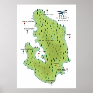 Peak District England Karta Poster