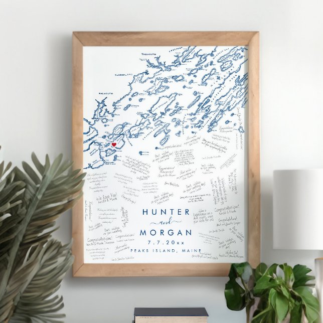 Peaks Island Bröllop Modern Guest Bok Poster (This Peaks Island Maine map alternative wedding guestbook is perfect for your destination wedding)