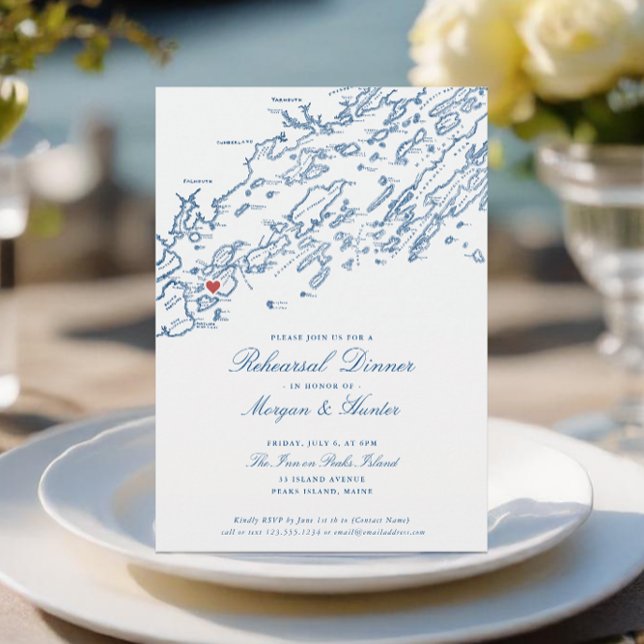 Peaks Island Maine Navy Blue Bröllop Rehearsal Inbjudningar (Peaks Island Maine Wedding Rehearsal Dinner Invitation for an elegant navy blue Casco Bay Wedding)