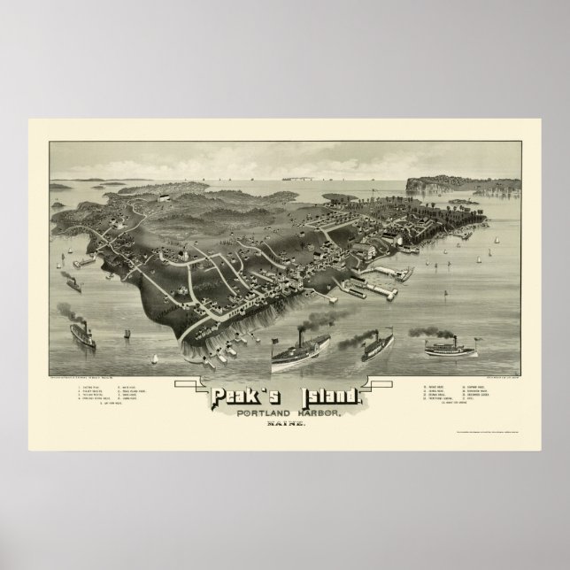 Peak's Island, ME Panoramic Karta - 1886 Poster (Framsidan)
