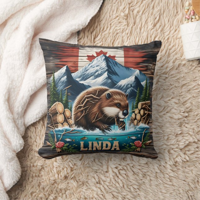 Peaks med snö och Beaver med kanadensisk beaver Kudde (Filt)