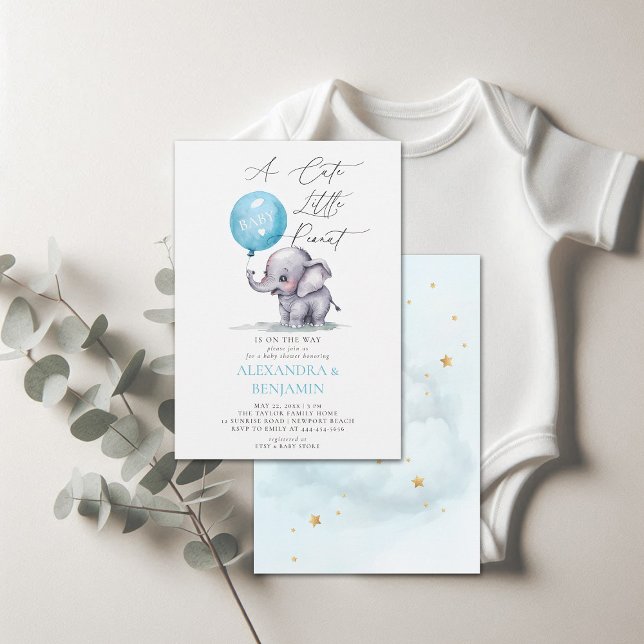 Peanut Cute Elephant Watercolor Pojke Shower Inbjudningar (little peanut baby shower invitation elephant balloon watercolor coed couple modern elegant cute)