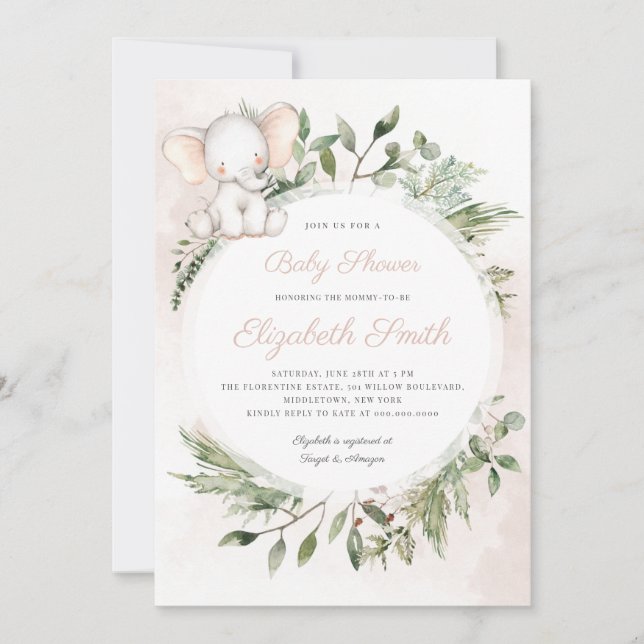 Peanut Elephant Girl Greenery Baby Shower Inbjudningar (Framsida)