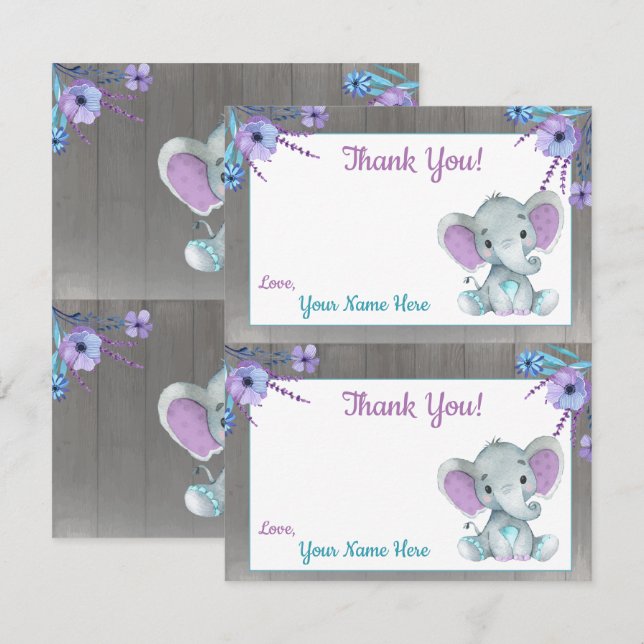 Peanut Elephant Tack Cards 2 Lila Teal Inbjudningar (Fram/baksida)