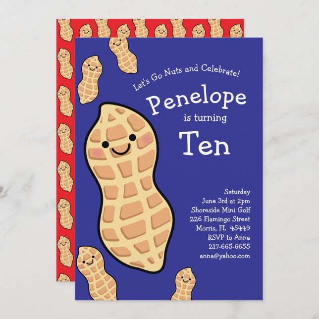Peanut Födelsedagsfest Kids Cute Nöt Tecknad Inbjudningar (Fram/baksida)