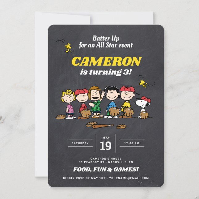 Peanuts Gang | Chalkboard Baseball Birthday Invita Inbjudningar (Framsida)