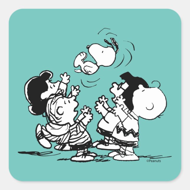 Peanuts Gang Lifts Snoopy Fyrkantigt Klistermärke (Framsida)