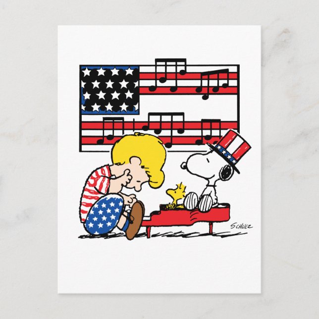 Peanuts | Patriotisk Schroeder, Woodstock & Snoopy Vykort (Framsida)