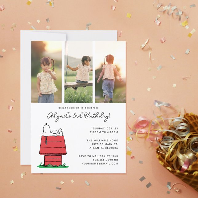 Peanuts Snoopy Hund House Birthday Photo Inbjudningar (Invitation on table)