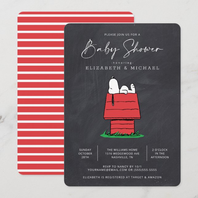 Peanuts Snoopy Hund House - Chalkboard Baby Shower Inbjudningar (Fram/baksida)