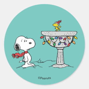 Peanuts   Snoopy & Woodstock Dekorerad Fågelbad Runt Klistermärke