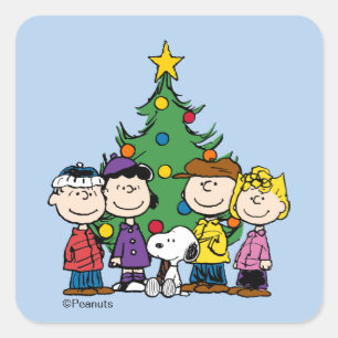 Peanuts Truppen runt julgranen fyrkantig Fyrkantigt Klistermärke