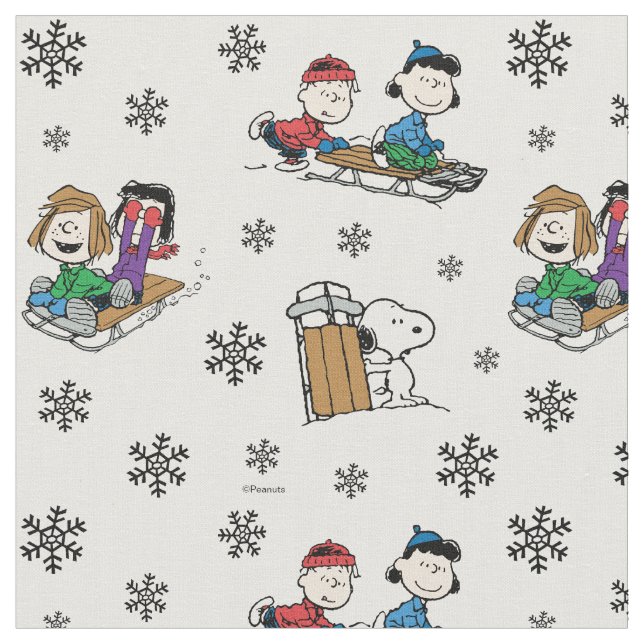 Peanutsgänget slädfärd och snöflingor tyg (Närbild)