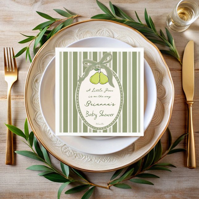 Pear sage green retro stripes baby shower custom pappersservett (Pear sage green retro stripes vintage baby shower custom napkins personalized decor )