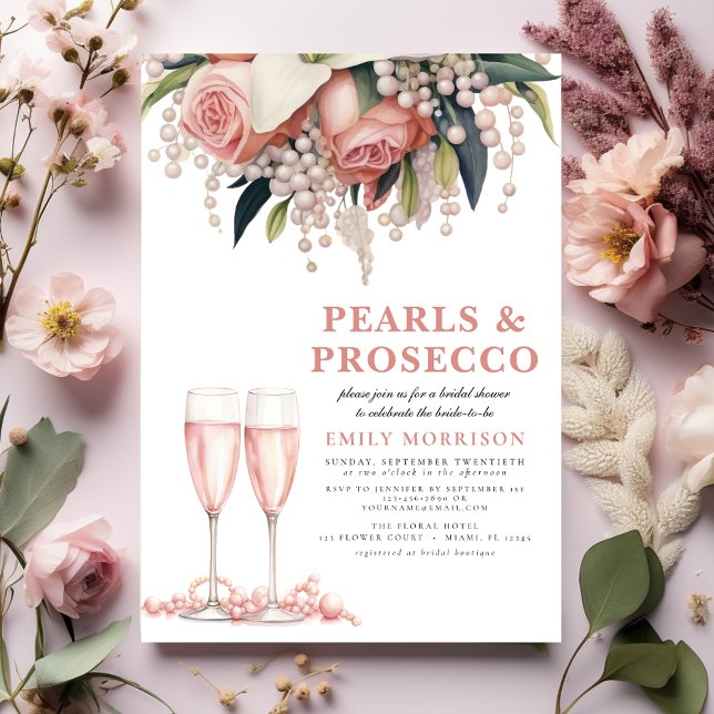 Pearerna och Prosecco Modern Rosa Blommigt Möhippa Inbjudningar (Skapare uppladdad)