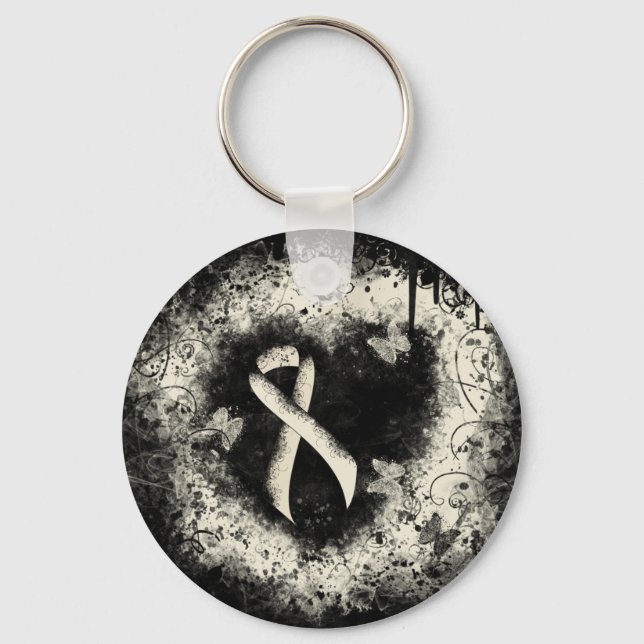 Pearl Awareness Ribbon Grunge Heart Nyckelring (Framsida)