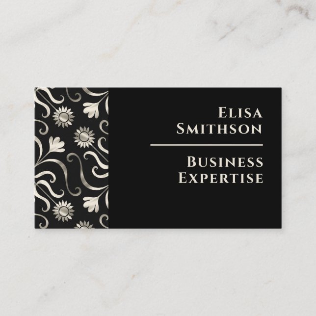 Pearl & Black Blommigt Damask Elegant Silver Mönst Visitkort (Framsida)