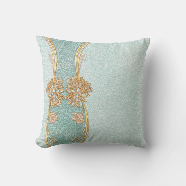 Pearl Blue Golden Löv Blommigt Scrapbook Kudde (Framsida)