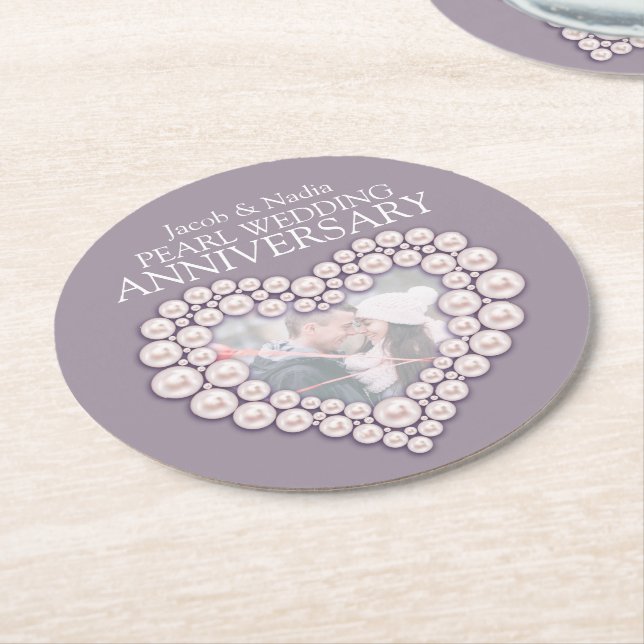 Pearl bröllop-årsdagen av hjärtfoto underlägg papper rund (Vinklad)