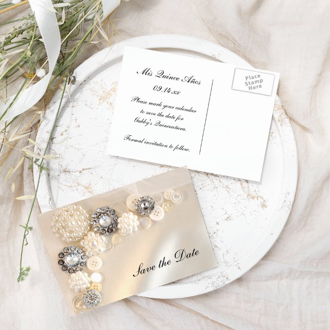 Pearl Diamond Buttons Quinceañera Spara datumet Meddelande Vykort (Skapare uppladdad)