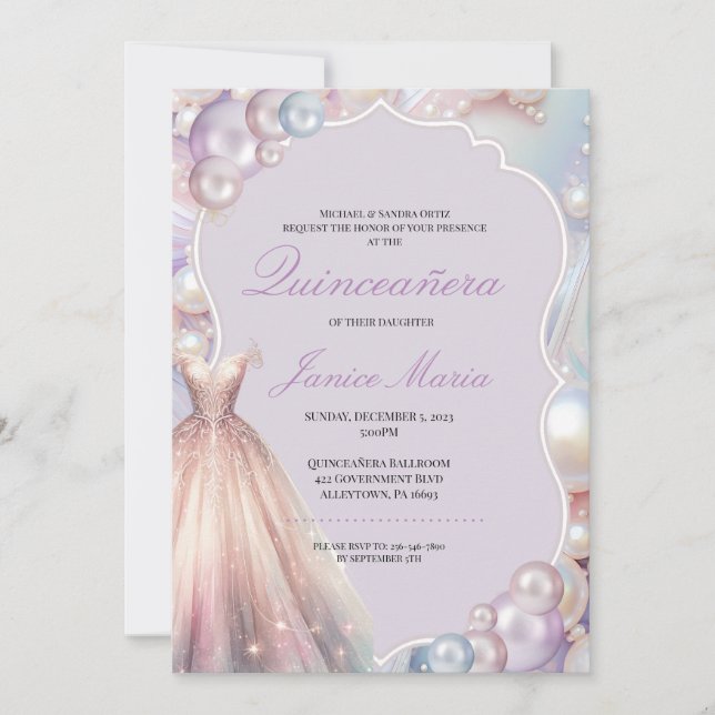 Pearl Dream rosa lila Quinceañera Inbjudningar (Framsida)