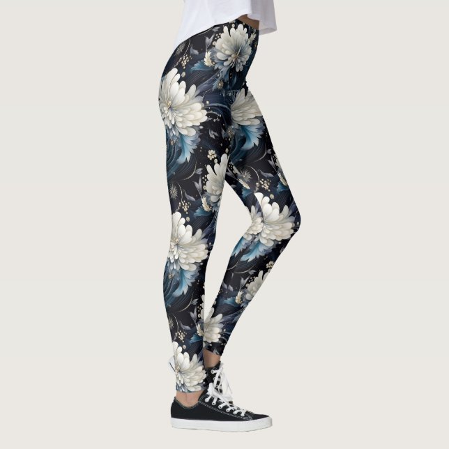 Pearl Galaxy Blommigt Navy Blue Mönster Leggings (Höger)