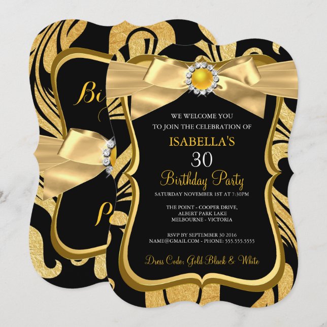 Pearl Guld Bow Black Damask Birthday Inbjudan (Fram/baksida)