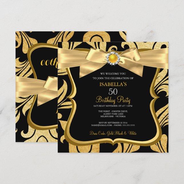 Pearl Guld Gult Bow Black Damask Birthday Inbjudan (Fram/baksida)