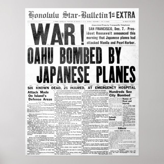 Pearl Harbour Attack Newspaper Poster (Framsidan)