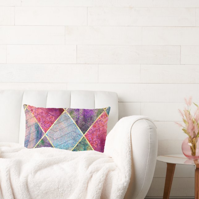 Pearl Harlequin Herringbone Trippy Hippie Rainbow Lumbarkudde (Soffa)