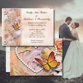 Pearl Heart Orange Ro & Butterflies Bröllop Inbjudningar