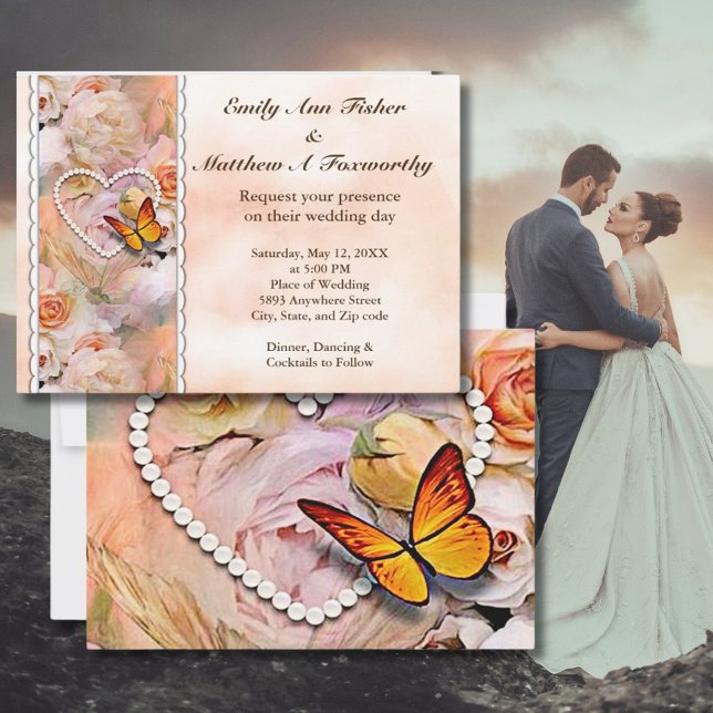 Pearl Heart Orange Ro & Butterflies Bröllop Inbjudningar (Pearl Heart Orange Roses & Butterflies Wedding Invitation of Orange, Pink, Yellow & white floral)
