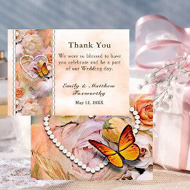 Pearl Heart Orange Rosa ros Butterfly Bröllop Tack Kort