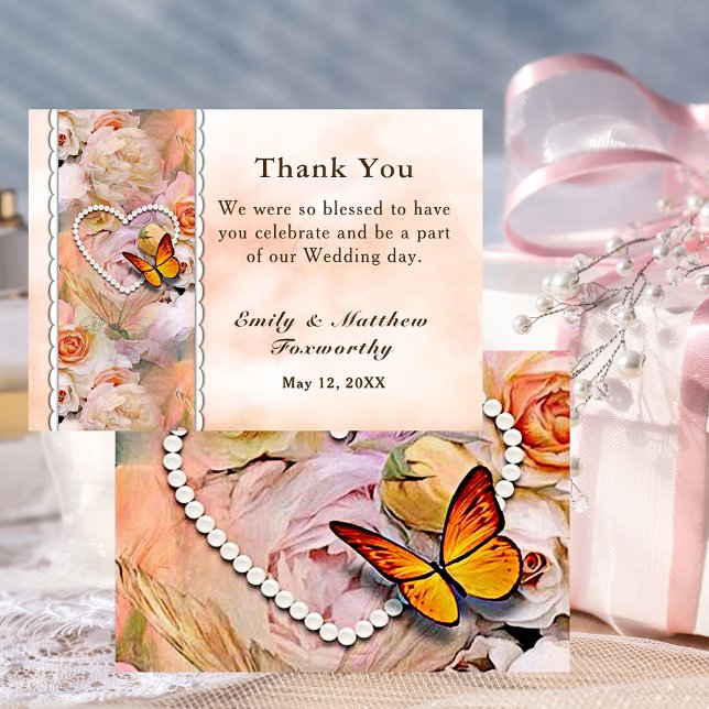 Pearl Heart Orange Rosa ros Butterfly Bröllop Tack Kort (Pearl Heart Orange Pink Roses Butterfly Wedding Thank You Card)
