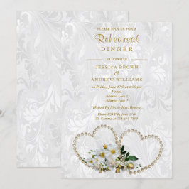 Pearl Hearts & Flowers Damask Rehearsal Dinner Inbjudningar