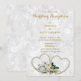 Pearl Hearts & Flowers Damask Wedding Reception Inbjudningar