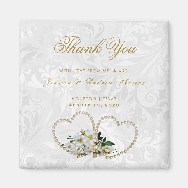 Pearl Hearts & Flowers Damask Wedding Tack Magnet (Framsidan)