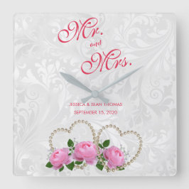 Pearl Hearts & Rosor Damask Wedding Fyrkantig Klocka