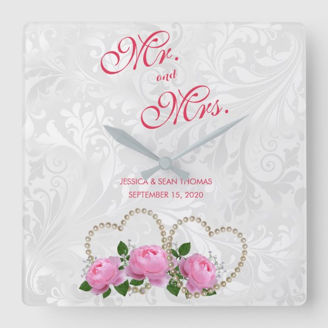 Pearl Hearts & Rosor Damask Wedding Fyrkantig Klocka (Framsida)