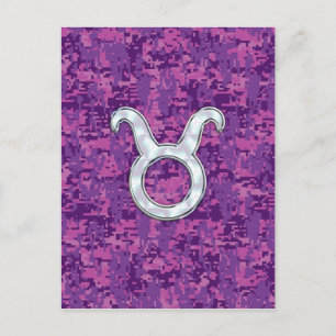 Pearl like Taurus Zodiac Sign on Rosa Digital Camo Vykort