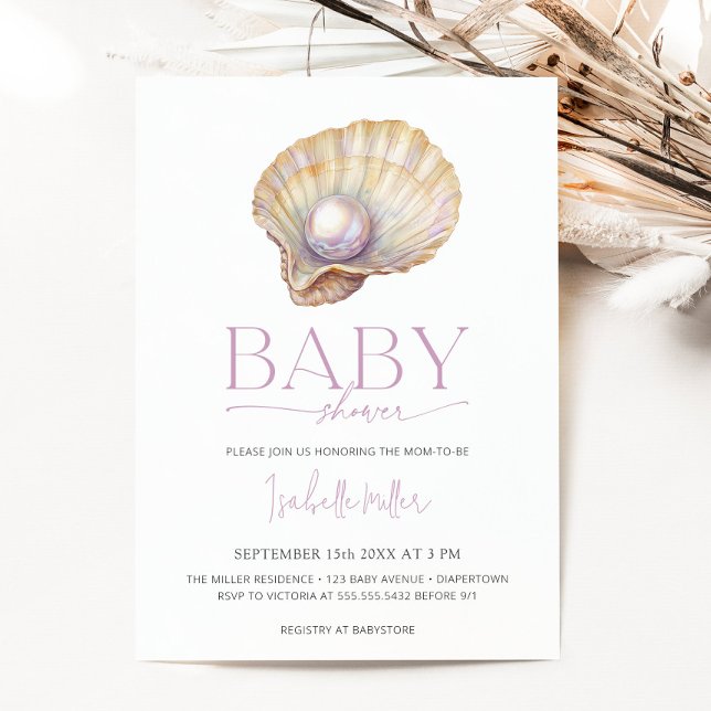 Pearl Oyster Sea Ocean Beach Girl Baby Shower Inbjudningar (Pearl Oyster Sea Ocean Beach Girl Baby Shower Invitation)