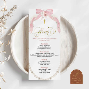 Pearl Rosa Boho First Heliga Communion-menykort Meny
