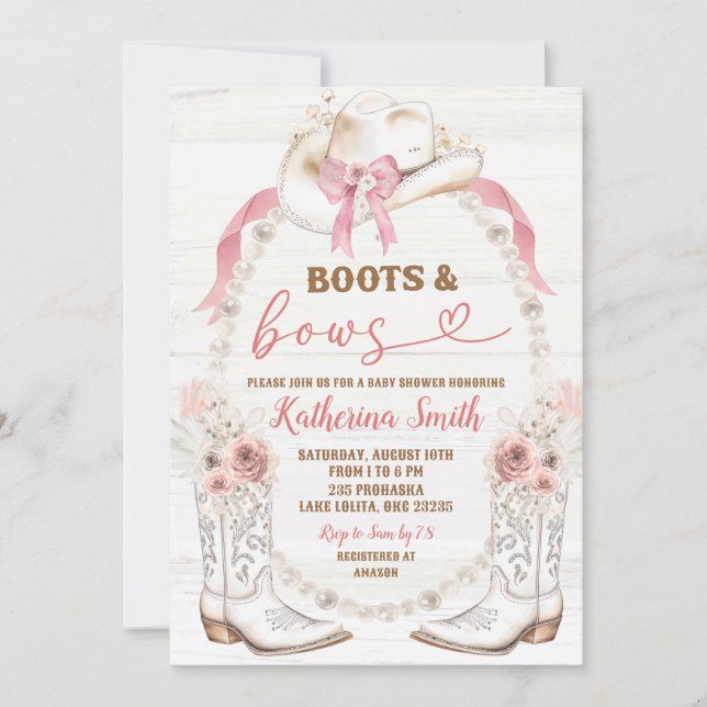 Pearl Rosa Bow Coquette Boots and Bow Baby Shower Inbjudningar (Framsida)