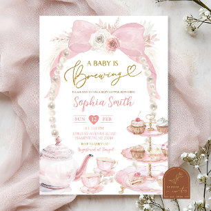 Pearl Rosa Bow Tea Party Baby Shower Inbjudningar