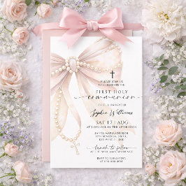Pearl Rosary Bow First Holy Communion Invitation Inbjudningar