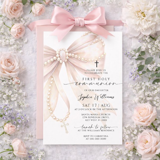 Pearl Rosary Bow First Holy Communion Invitation Inbjudningar (Skapare uppladdad)